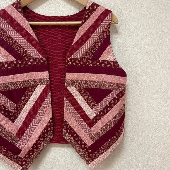 Quilted Red Maroon Pink Floral Prints Open Vest Handmade Sz S/M - Picture 2 of 5